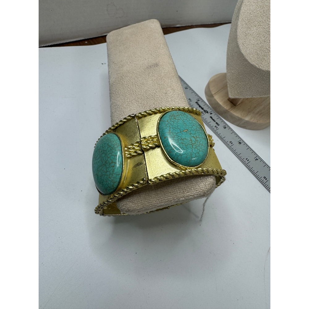 Vintage Gold Tone Faux Turquoise Stretch Cuff Bracelet Southwestern Statement